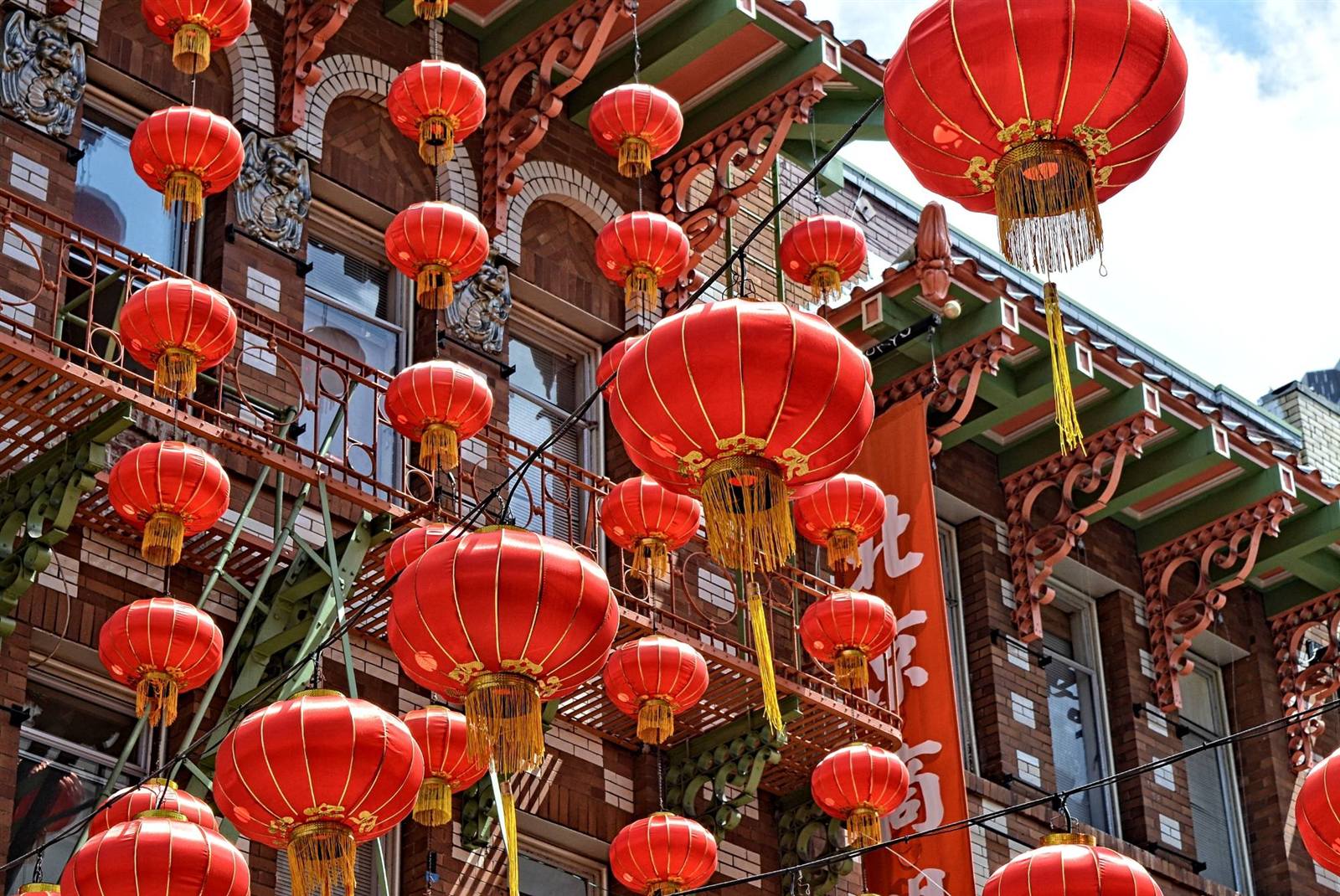 Lanterns strung over a street in San Francisco's Chinatown